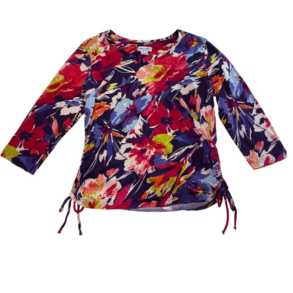Caribbean Joe Womens Floral V-Neck 3/4 Sleeve Side Tie Ruched Top Size M
